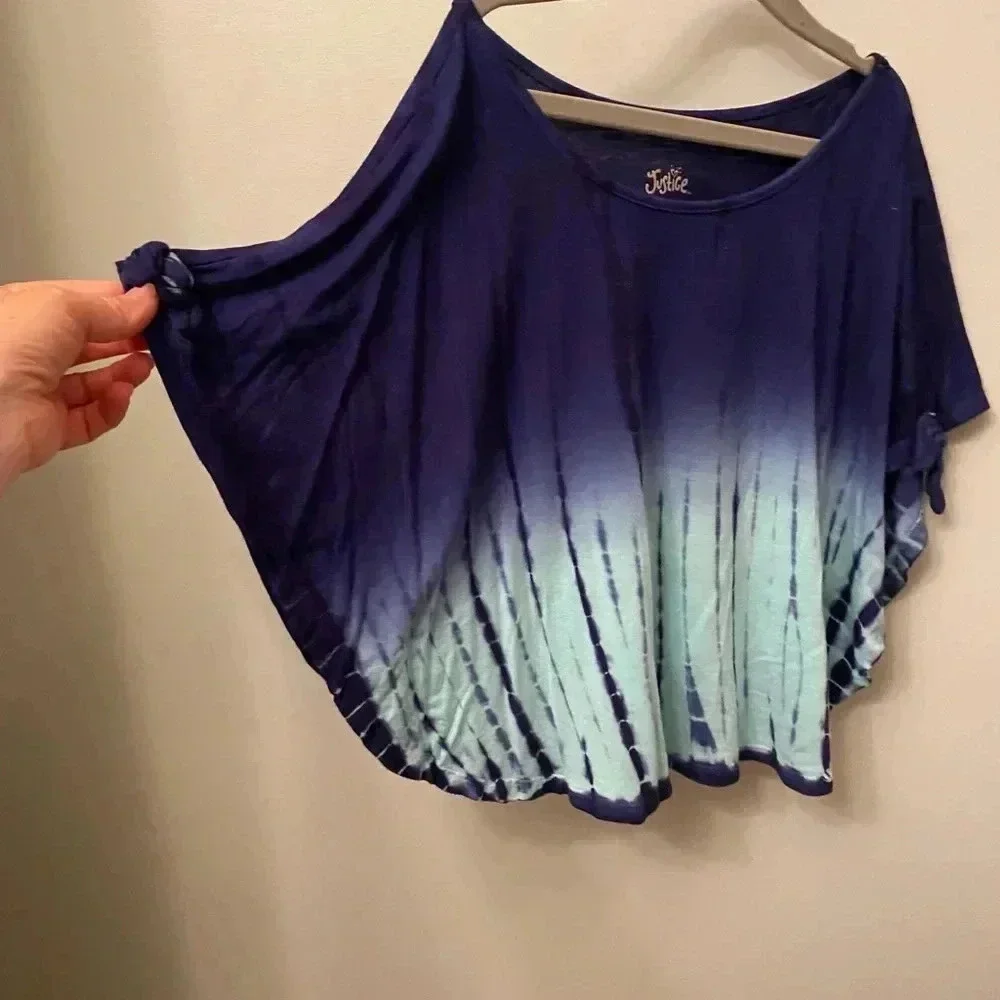 Justice girls 7/8 blue and aqua tie dye flowy batwing top medium